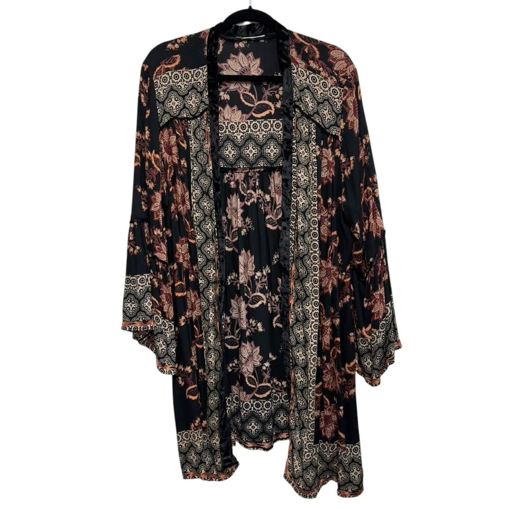 Angie Boho Open Front Kimono Cardigan Bell Sleeve Floral Medallion Duster OS